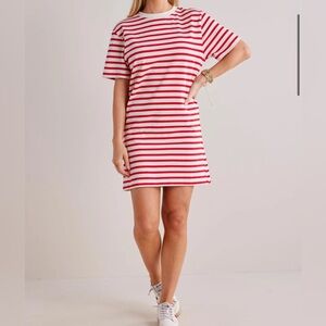 Red and Off White Striped T-Shirt Dress